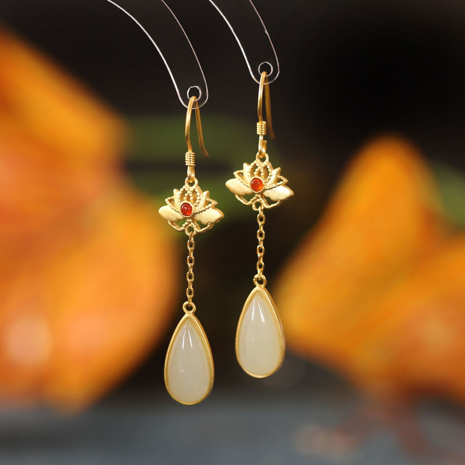 

Earrings S925 Sterling Silver Inlaid Hotan Jade Water Drop Ear Hook Ancient Method Gold Long Red Agate Embellishment Are Full of