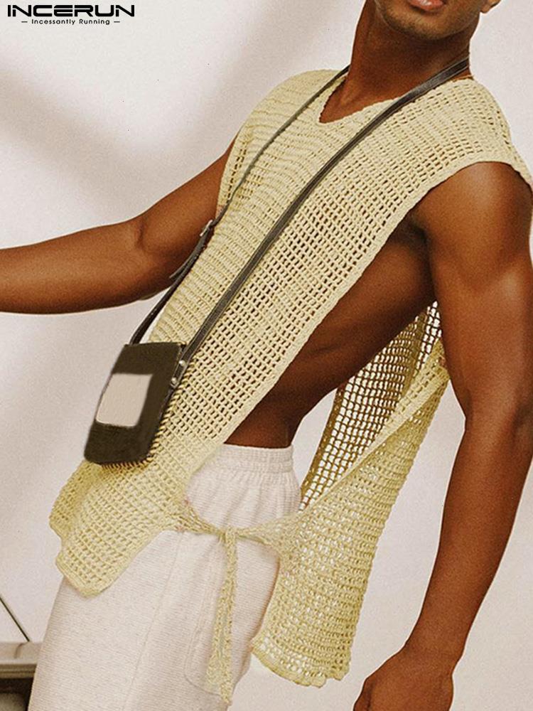 

Men Tank Tops Mesh Sleeveless O-neck Streetwear Lace Up See Through Vests Breathable Side Split Sexy Clothing, Beige