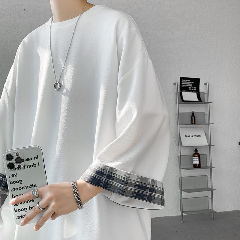 

Men's T-Shirts Spring Summer Men's Women Oversized 2XL Korean Style Loose Plaid T-shirt Casual Seven Sleeves Male WhiteMen's, Brown