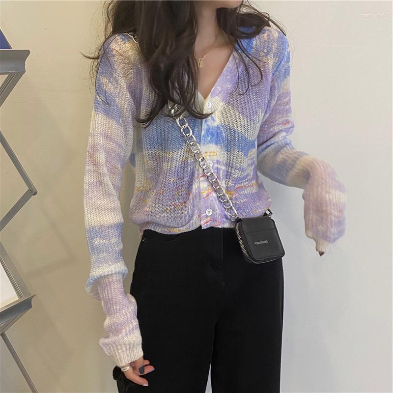 

Women's Knits & Tees Tie-dyed V-neck Knitted Cardigan Sweater Thin Autumn Wear 2022 Gentle Short Long Sleeve Top Mari22, Picture color xl