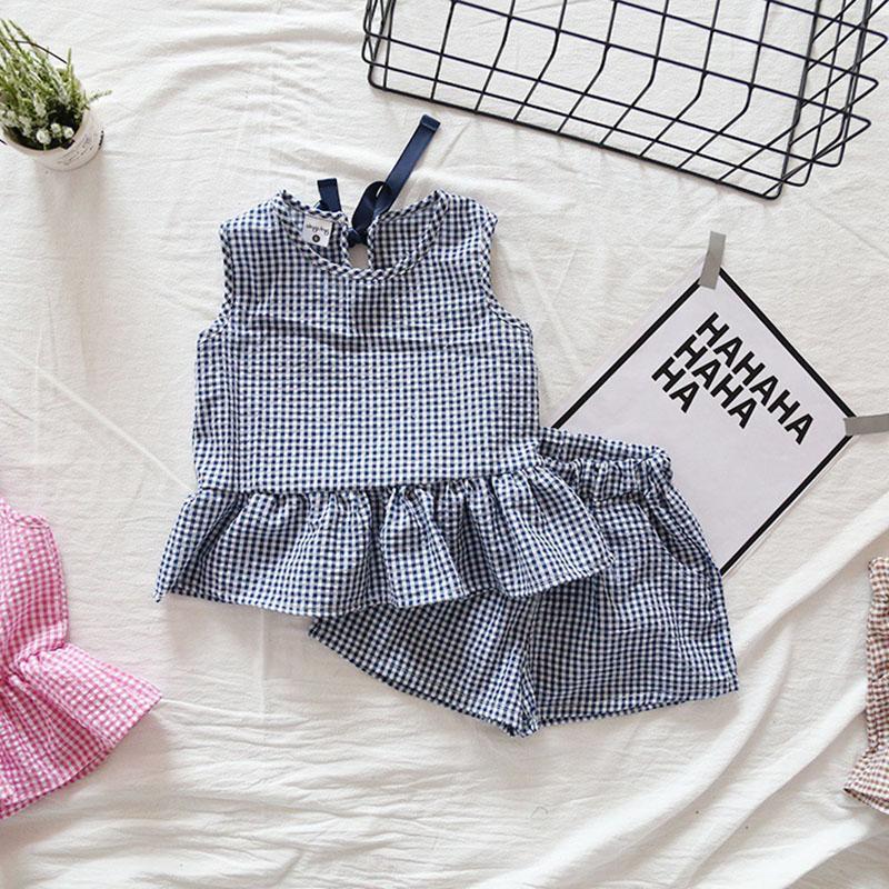 

Clothing Sets Girls' Set 2022 Summer Children's Fashion Casual Plaid Sleeveless Top Shorts Simple 8 Months To 11 YearsClothing, Blue