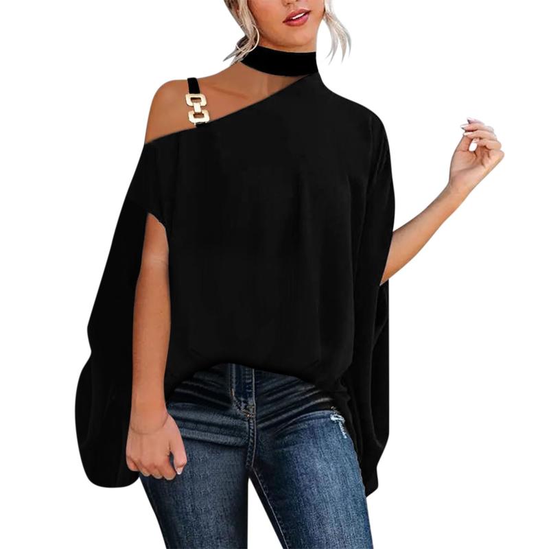 

Women' Blouses & Shirts Solid Color Tops Halter Neck Strap For Women Fashion 2022 Cold Shoulder Irregular Short Sleeves Ladies Blouse TopWo, Black