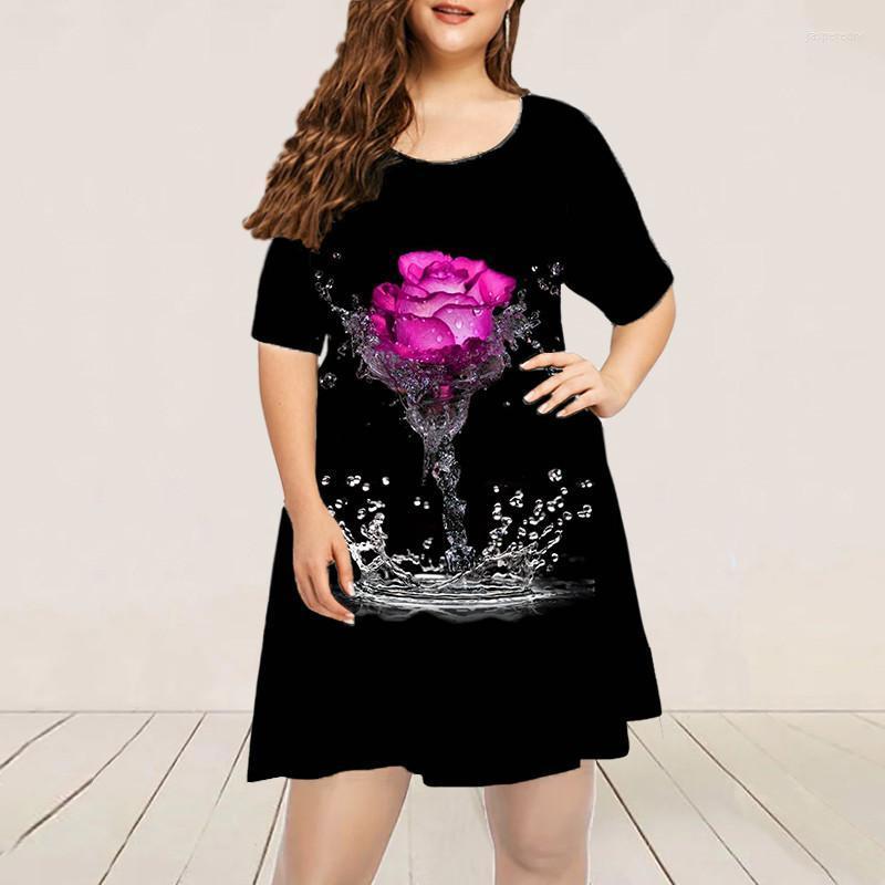 

Plus Size Dresses 3D Rose Flower Casual Dress Women Summer Short Sleeve O-Neck Loose 6XL Beach A-Line Mini Vestidos De Mujer Jasp22, Huang-4