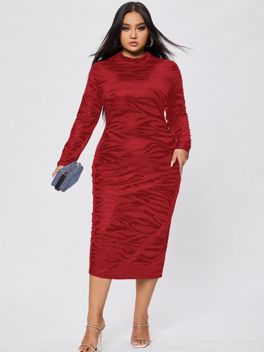 

plus Zebra Striped Jacquard Mock Neck Dress p1fI#, Burgundy