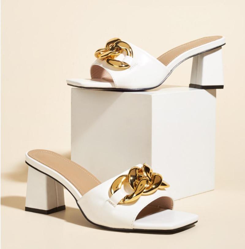 

Slippers 2022 Female Sandals Sexy Metal Chain Summer Ladies High Heels Square Open Toe Mules Slides Party Shoes Women, Black