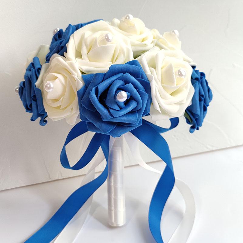 

Wedding Flowers Blue Ribbon Bride Bouquet Foam Roses PE Artificial Pearl Silk Bridal Bridesmaid Holder White Accessories