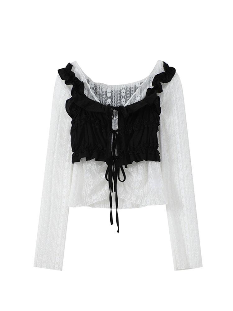 

Women's Blouses & Shirts Sexy Women's Blouse White Hollow Out Mesh Black Ruffle Lace Up Draped Vest Chic Vintage Casual Korean Shirt Fem, Picture collor