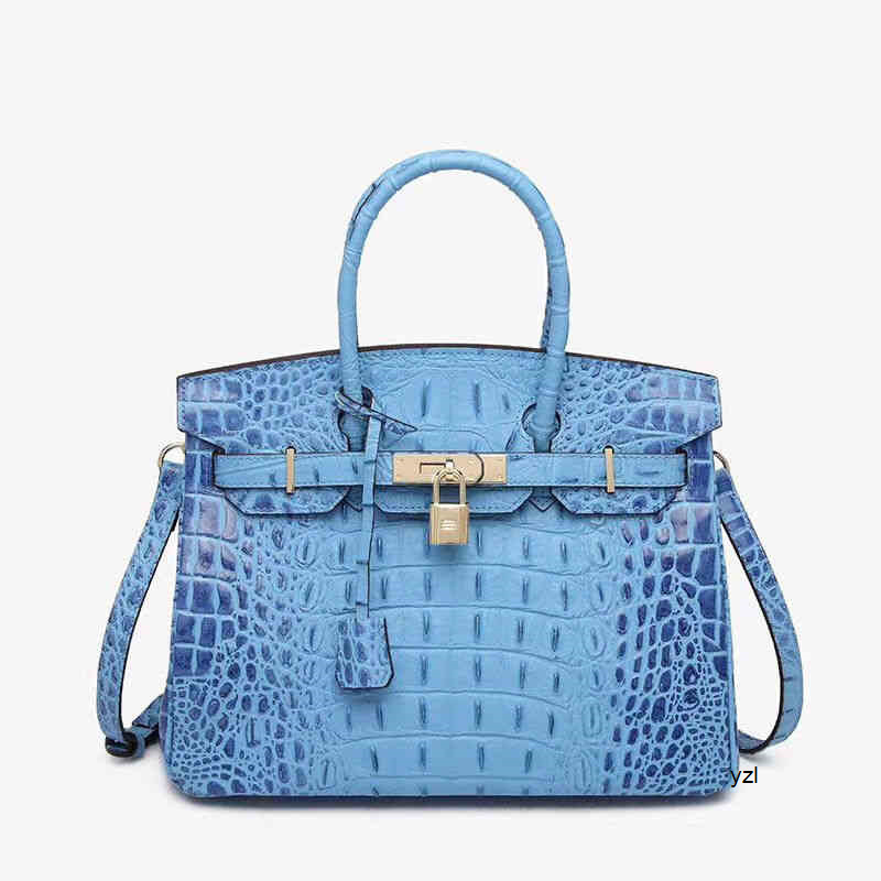 

Women Totes Shoulder Herme Birkins Deep Sea Blue Crocodile Bone Pattern Platinum Bag Top Leather Cross Shoulder Handbag Customization Yzl has logo, Blue crocodile bone custom 30cm