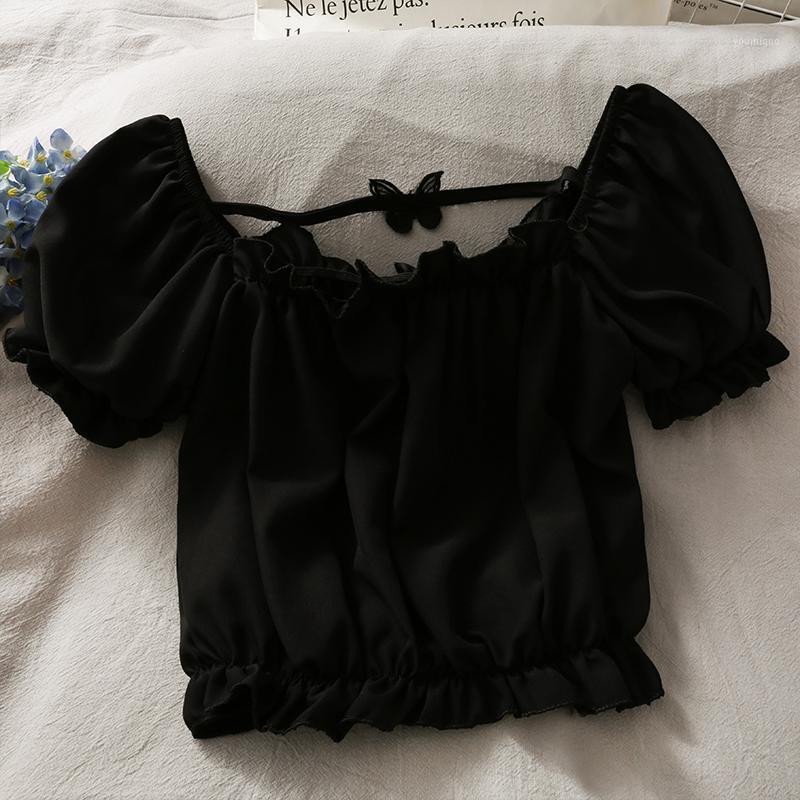 

Women's Blouses & Shirts Summer Women Ruffle Butterfly Blouse Short Sleeve Off Shoulder Chiffon Crop Tops Slim Elastic Tees, White