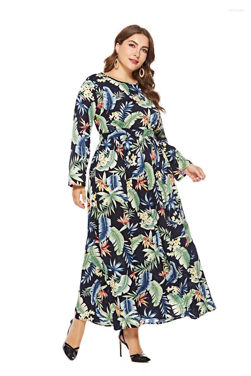

Plus Size Dresses 6XL Women Korean Dress Fashion One Piece Autumn Spring 2022 Casual Print Full Sleeve Chiffon O-Neck Robe Echm22, Black