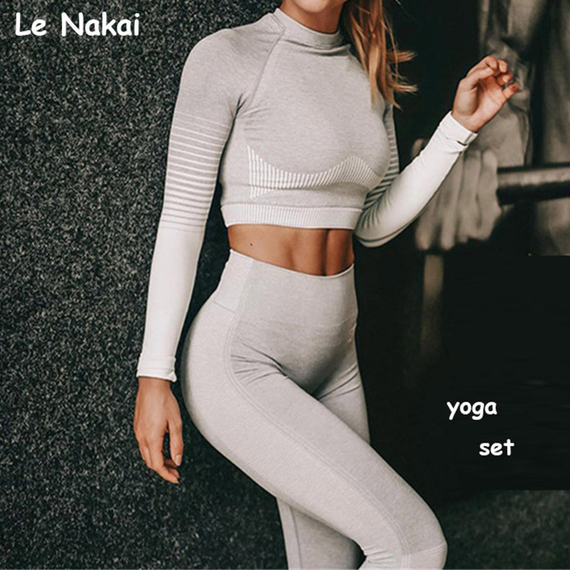 2 Pcs Seamless Workout Clothes For Women Long Sleeve Yoga Set Crop Top Sport Suit Workout Sportswear Gym Fitness Outfit Clothes Y200328