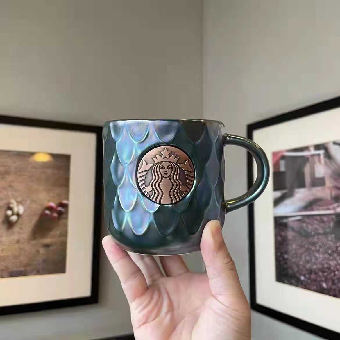 Starbucks cup new fish scale copper seal Mug men's and women's large capacity ceramic water cup couple desktop coffee cup-image-760150409