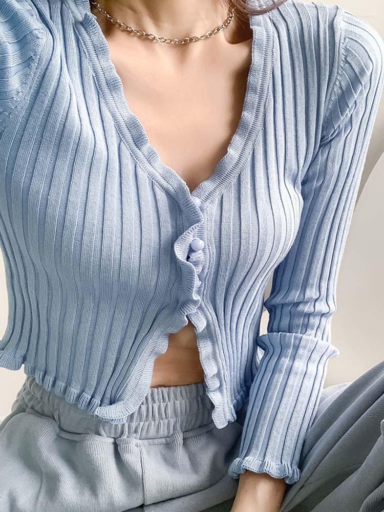 

Women' Knits & Tees Korean Style V-neck Short Knitted Sweaters Women Thin Cardigan Fashion Open Front Button Up Long Sleeve Crop Top T-shir, Green