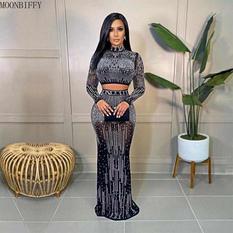 

Work Dresses Fashion Sexy Mesh Drilling See Through Skirt Set Women Crystal Long Sleeve Top And Maxi Suits Clubwear OutfitsWork, Black