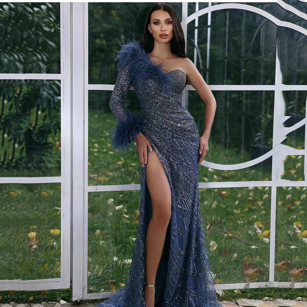 2022 Arabe Plus La Taille Lilas Dentelle Perlée Robes De Soirée Col Haut Sexy Gaine De Bal Parti Formelle Paillettes Deuxième Réception Robes De