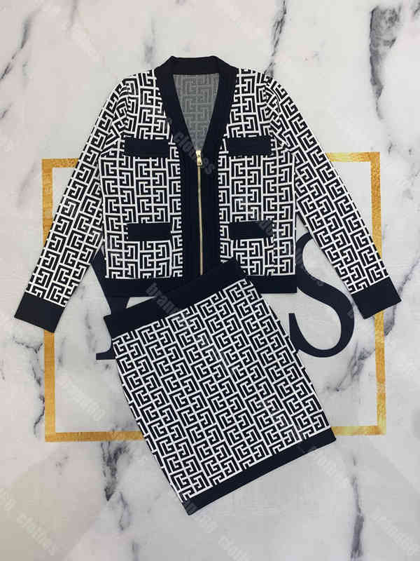 

22ss women knit jacket dress two piece suit slim fit sweater dresses wool knit 25 colors casual womens designer clothes logo B..ain brand houndstooth high waist skirt, 17