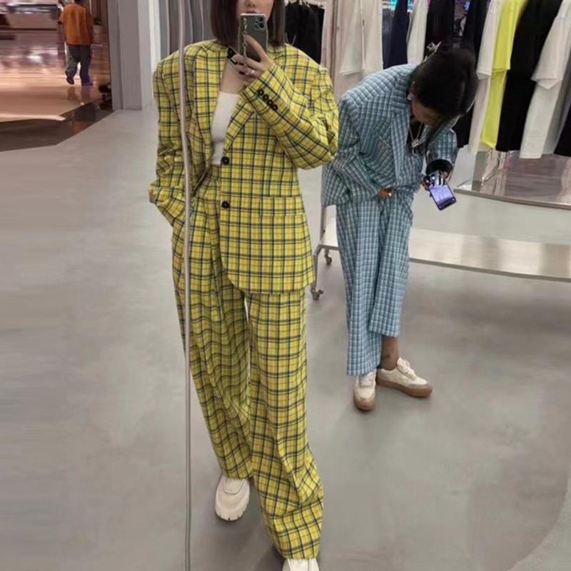 

Women' Two Piece Pants Retro Plaid Blazer Set Single-breasted Jacket & 2 Pieces Female Casual SuitWomen, Blue