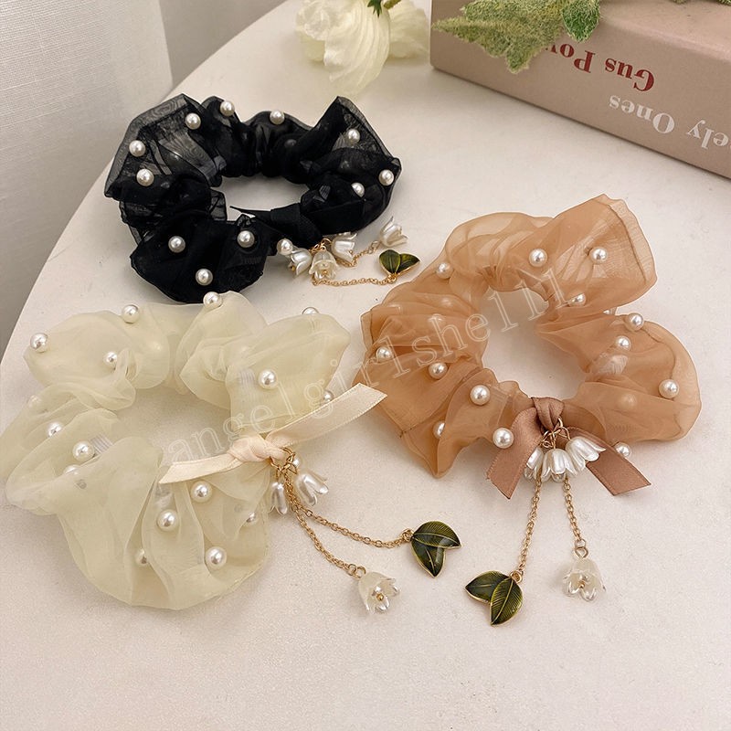 

Pearl Ribbon Sweet Tassel Hair Ring Flower Bow Scrunchie Tie Korean Hair Accessories Simple Ponytail Girl Head Rope, Mixed color
