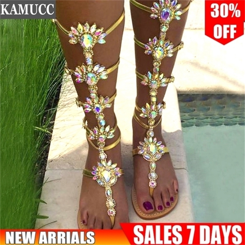Woman Sandal Boots Lady Knee High Thin Heels Stiletto Crystal Dress Summer Shoes Sandalias Bohemia Style S20326