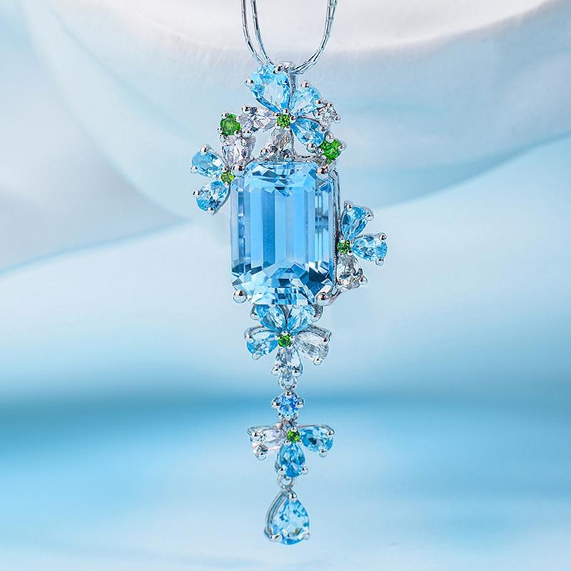 

Pendant Necklaces Luxury Sea Blue Topaz Sterling Silver Sapphires Necklace For Women Elegant Flower-shape Charm Anniversary GiftsPendant Nec