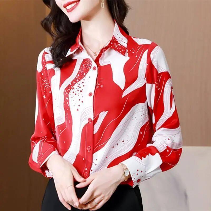 

Women' Blouses & Shirts Fashion Korean Style Blouse For Women Retro Printed Loose Long Sleeve Shirt Causal Turn-Down Neck Lady Top, Black