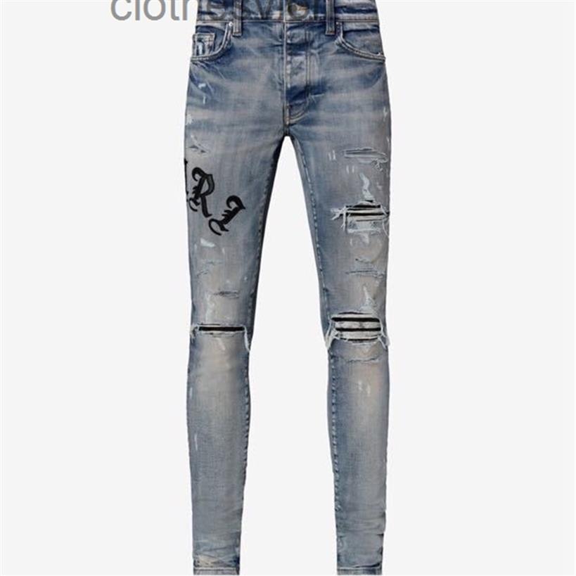 

Jean Designer Jeans 2022 Amirs Amirsy Style Patchwork Embroidery Side Letters Are Worn, Damaged, Washed, Slim Fit Black295B, Light blue