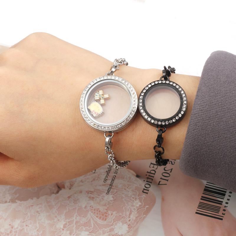 

Charms Carvort With Crystals Twist Floating Clear Glass Locket Bracelet 316L Stainless Steel Screw Rolo Chain