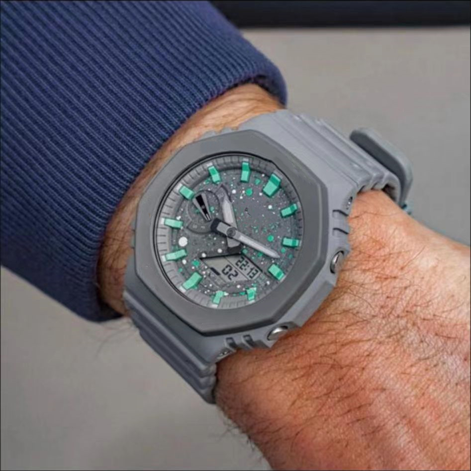 Men's Digital Sports Watch Full Function LED Automatic Hand Raise Light Waterproof World Time Iced Out Watch Double Starry Grey Green Oak 21