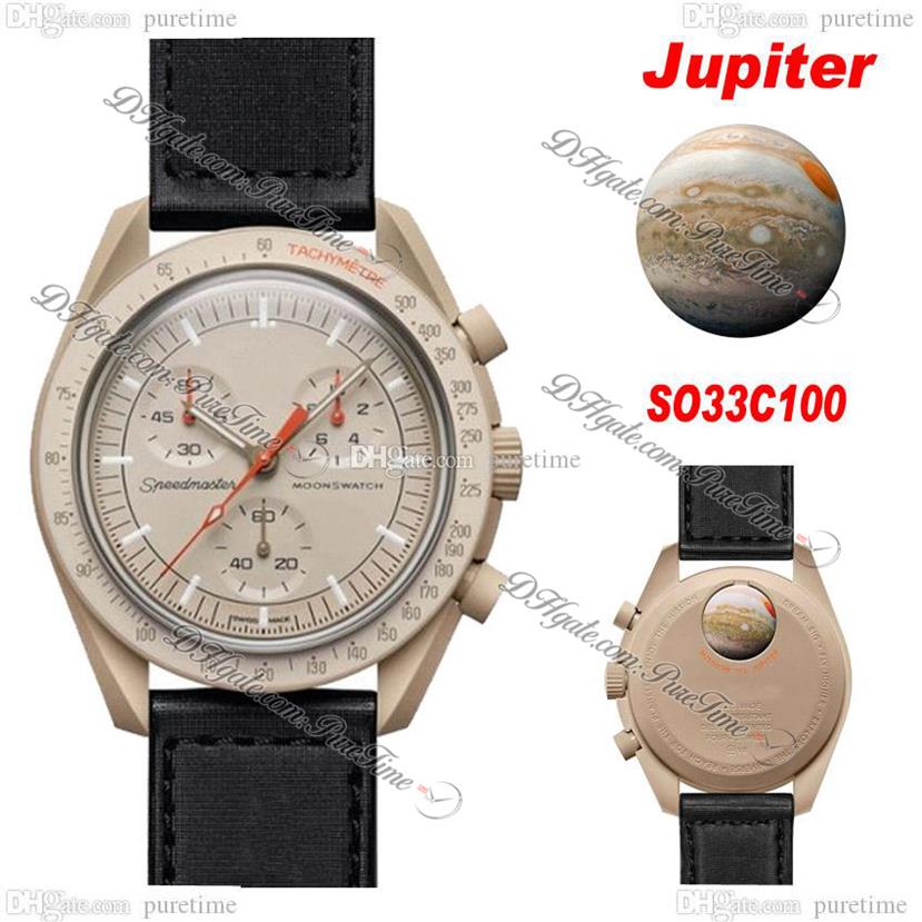 

Bioceramic Moonswatch Swiss Quqrtz Chronograph Mens Watch SO33C100 Mission To Jupiter 42mm Real beige Ceramic Black Nylon Strap Wi213l, So33r100