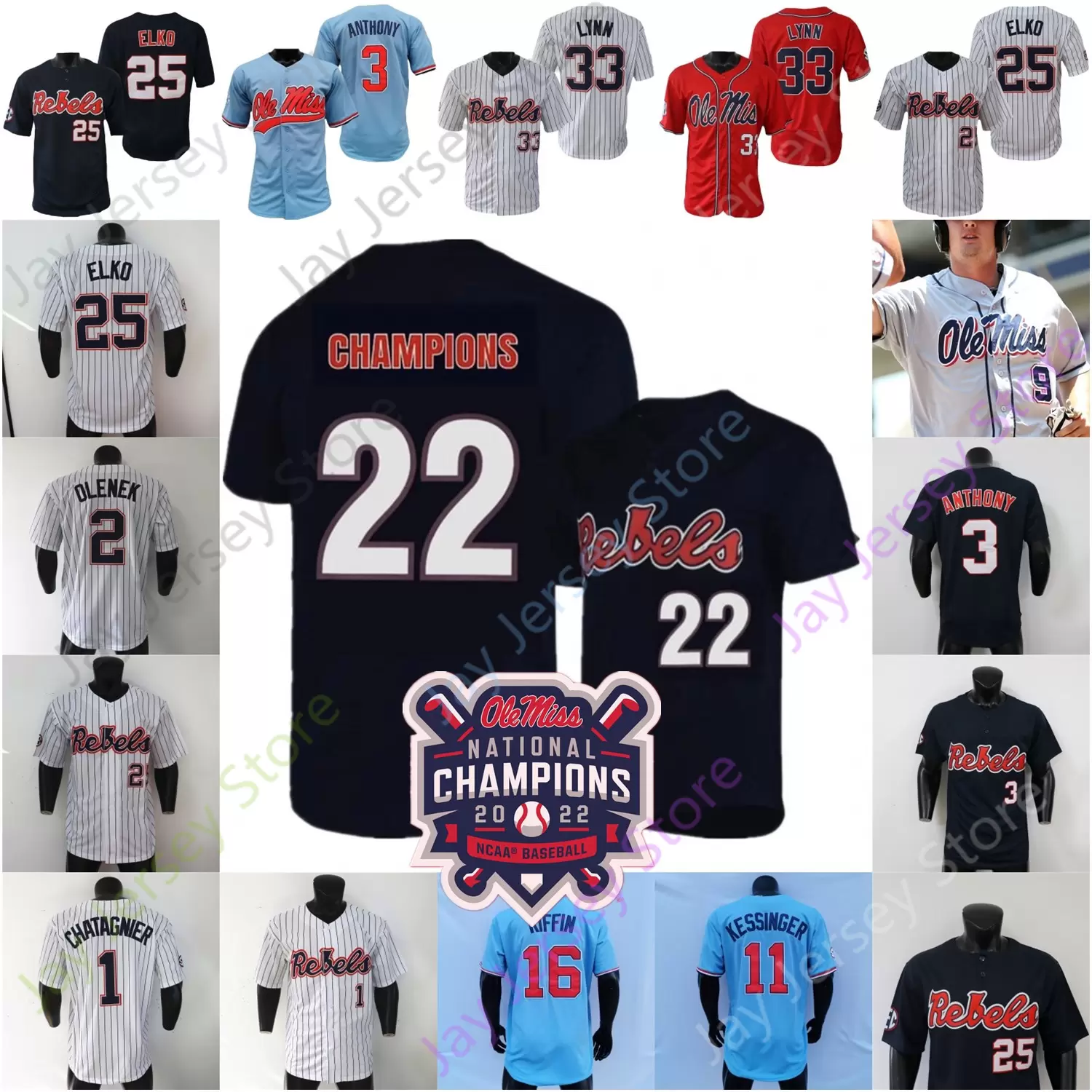 

2022 Champions WS Ole Miss Rebels Baseball Jersey NCAA College Tim Elko Lance Lynn Knox Loposer TJ McCants Harris John Gaddis McDaniel Diamo, Grey stripe