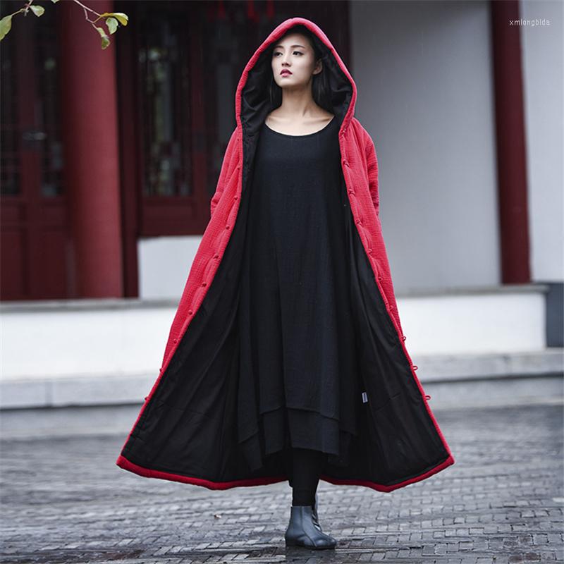 

Women's Trench Coats Johnature Women Cotton Linen Hooded 2023 Winter Parkas Button Vintage Thick Warm Clothes Brief, Black