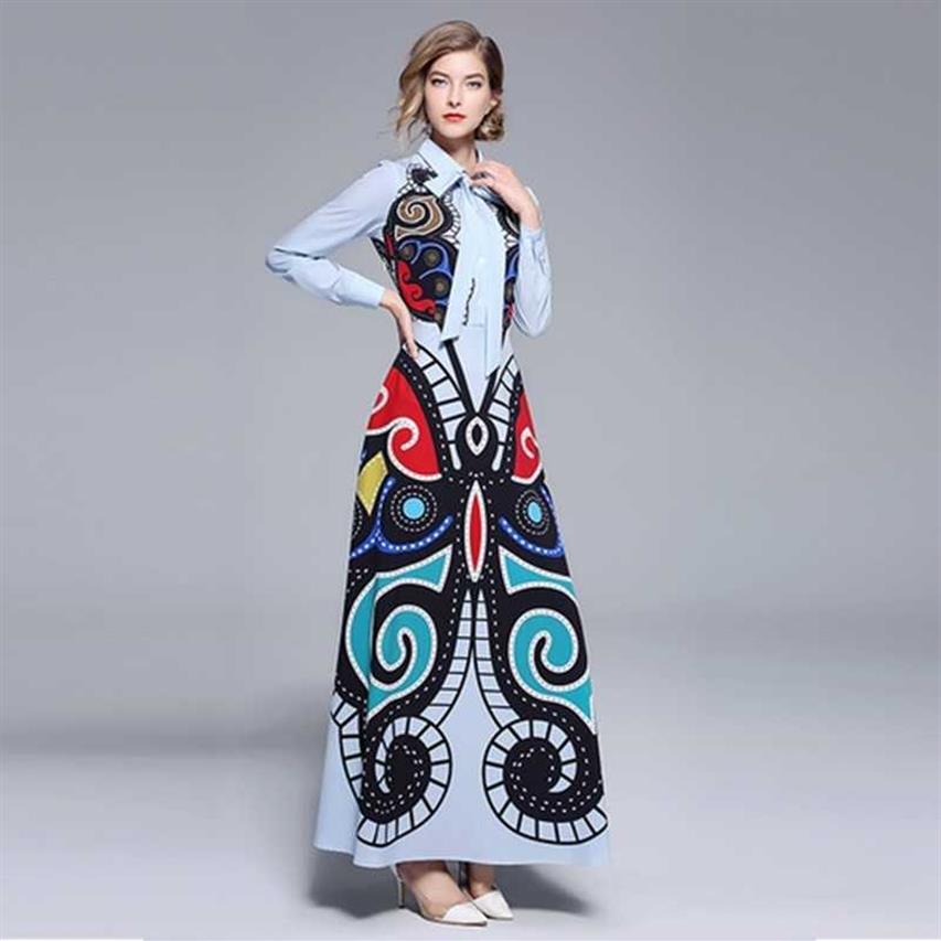 

Spring Summer Runway Dress Vestidos Mexican Women Elegant Long Sleeve Vintage Geometric Print Belt Pleated Maxi 210525300t, Picture color