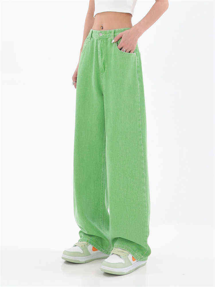 

Green High-waisted Wide-leg Jeans Women' New Summer Thin Casual Vertical Straight Simple Plain Denim Pants Neutral Trousers Ins T220728