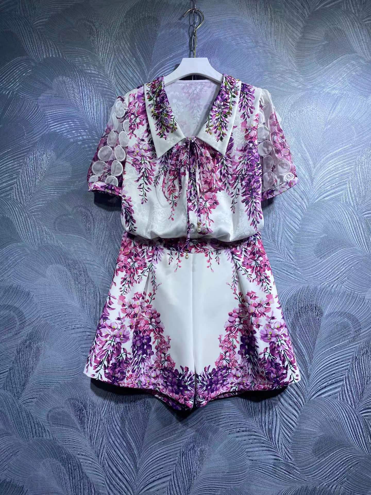 

Temperament two piece dress printing short-sleeved shirt and shorts set, As picture