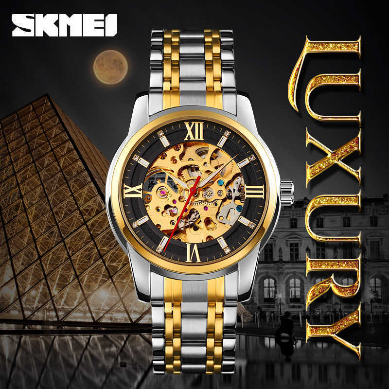 

spiral watch business crown men's stainless steel round single fold buckle metal hollow automatic mechanical watch, Black surface of gold shell