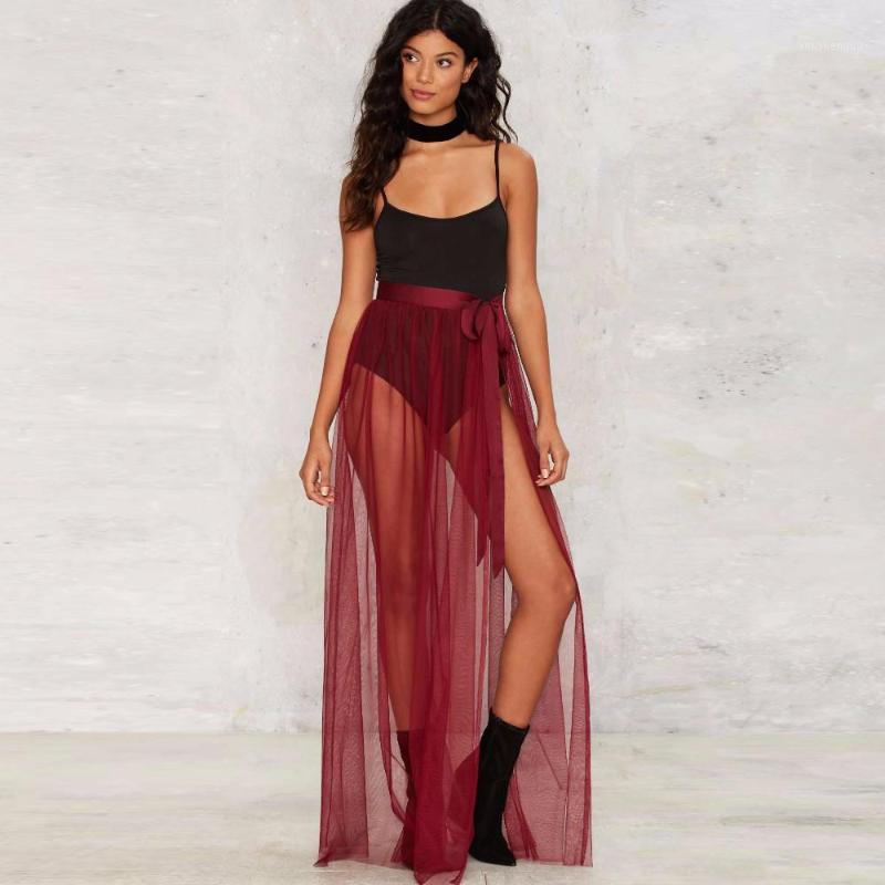 

Burgundy See-through Women Skirts Ribbon Waistline A Line Tulle Transpare Wine Floor Length Maxi Skirt, Beige