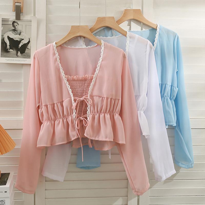 

Women's Jackets 2ps Women 2022 Summer Fashion Suit Bow Lace Long Sleeve Sunscreen Shirt With Short Pleated Suspender Vest Versatile TopsWome