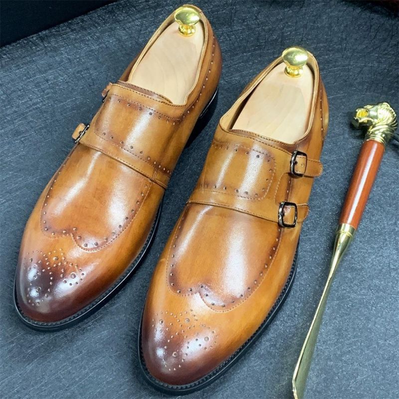 

Pointed Toe Double Buckle Monk Shoes Men Solid Color Retro Trend Hollow Carved Simple Fashion All-match Casual Dress Shoes KB296, Clear