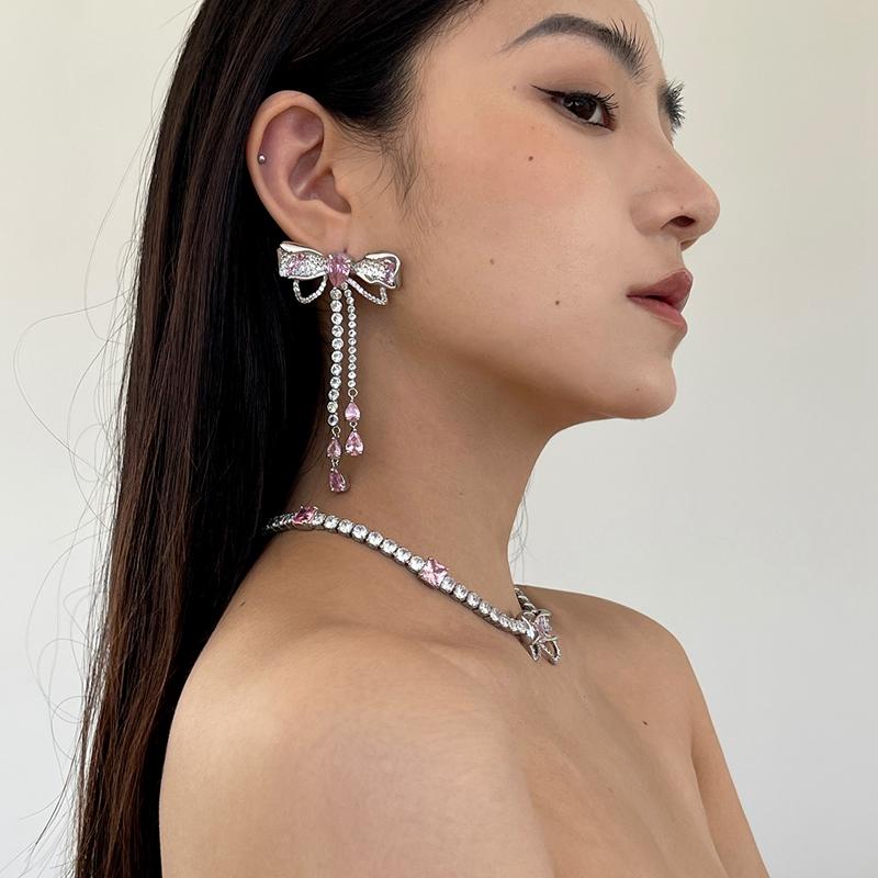 

Dangle & Chandelier Korean Luxury Elegant Pink Cystal Bowknot Drop Earrings For Women Girls Fashion Rhinestone Long Pendientes JewelryDangle
