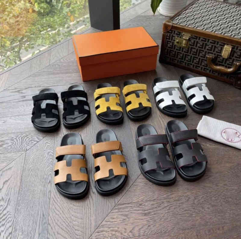 

Herme Slippers Chypres Sandal Wear Outside in Summer Female H Second Uncle Shoes Leather Thick Soled Beach Sandals Old Man have logo, Black