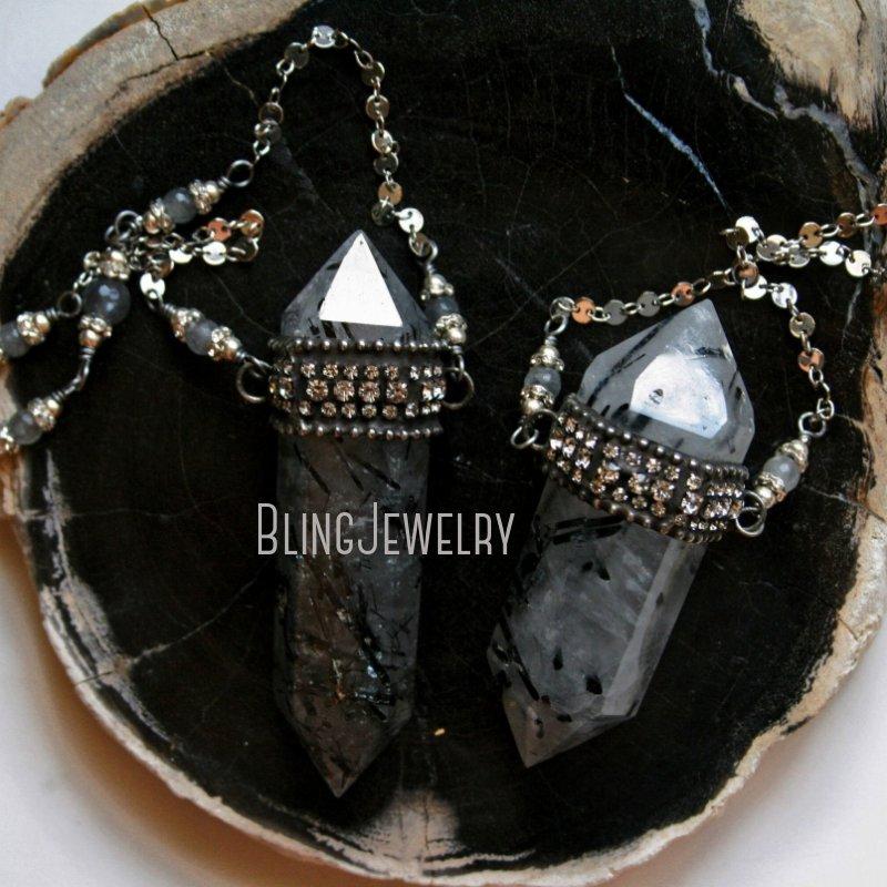 

Chains Massive Double Tourmalinated Quartz Crystal Point Necklace Giant Big Tourmaline Rutilated Obelisk Pendulum GothChains