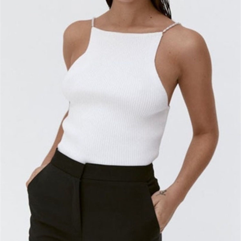 

[DEAT] Strapless Pearl Shoulder Sling Back Open Knitted Bottomed Slim Waist Vest Sexy Summer Clothes For Women GX695 220318, White