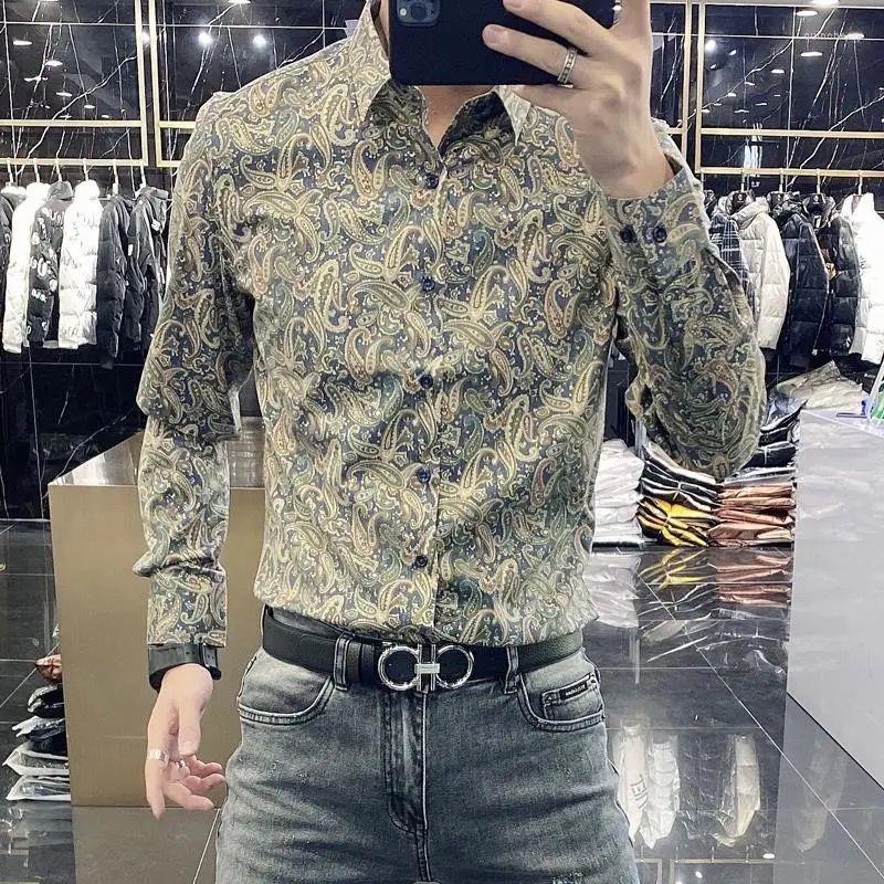 

Men's Dress Shirts Men's Fashion Trend Personality Printed Slim Fit Oversized Lapel Long Sleeve Flower Men'sMen's Quin22, Black