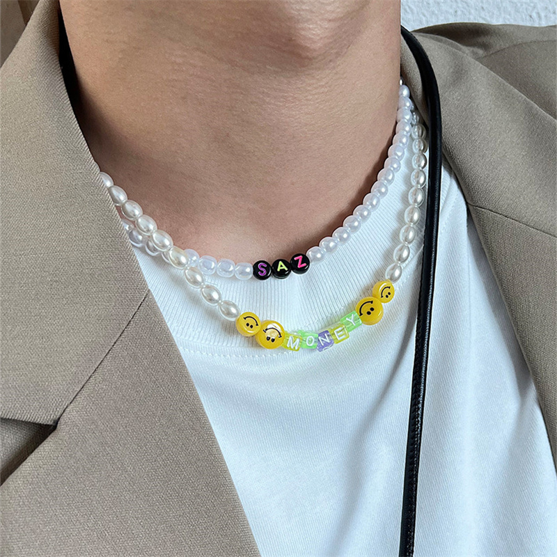 

Korean Style Fine Pearl Necklace Hand-Beaded Smiley Face Stitching Niche Stacking Collarbone Chain Fashion All-Match Jewelry