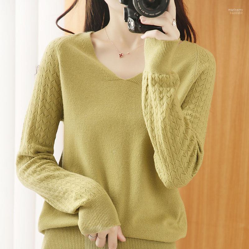 

Women' V-neck Pure Wool Sweater Autumn And Winter Bottoming Shirt Fashion Ray Empty Knitted Pullover Sweaters Mari22, Black