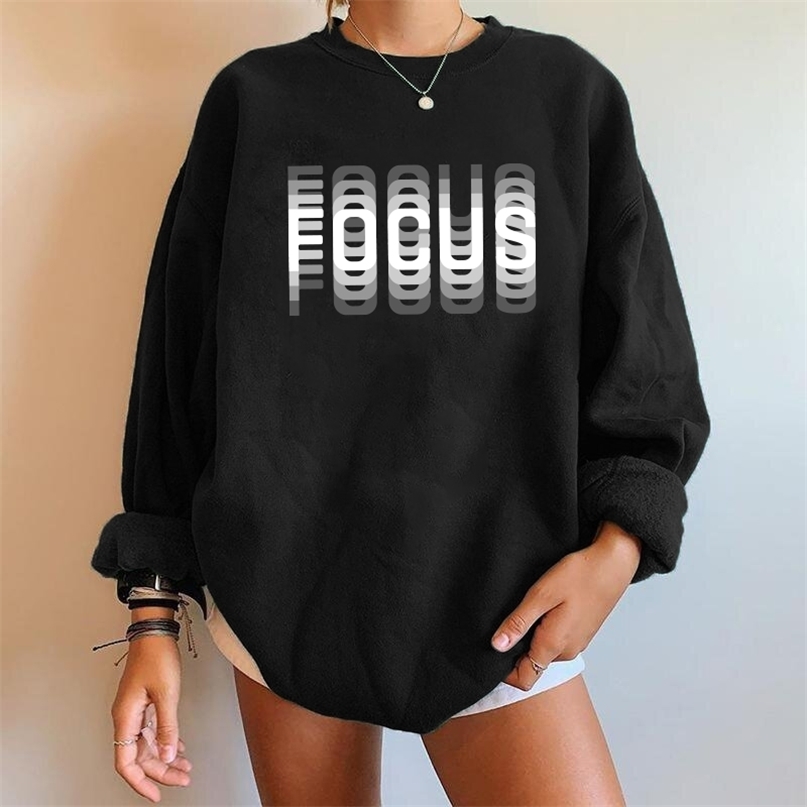 

Focus Letter Print Long Sleeve Dropshoulder Sweatshirts Streetwear Winter Clothes Women Tops Moletom Feminino 220811, Black