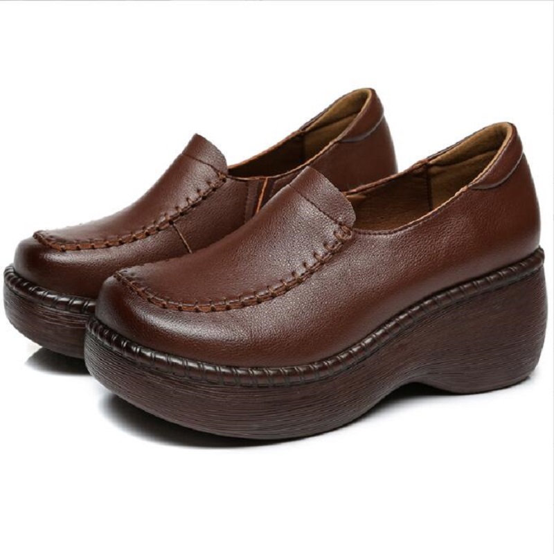 

New Spring Summer Women Flat Platform Shoes Retro Shallow Round Toe Casual Genuine Leather Shoes Da034, Black