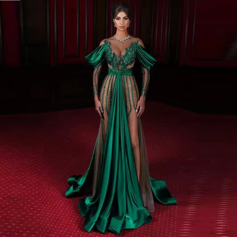 Dark Green Evening Dresses Sheer Jewel Neck High Side Split Long Sleeve Mermaid Prom Dress Satin Saudi Arabia Celebrity Red Carpet Gowns