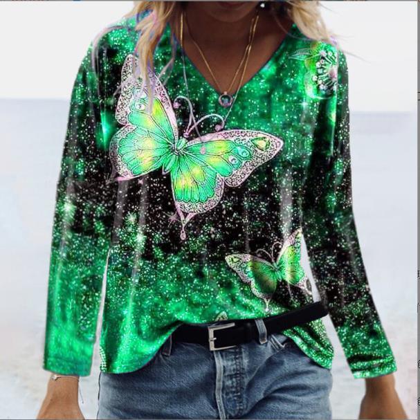 

Women Butterfly Print T Shirt Summer Casual Half Sleeve V-Neck Loose Pullover Shirt Ladies Tops Large SizeS-5XL, Black03