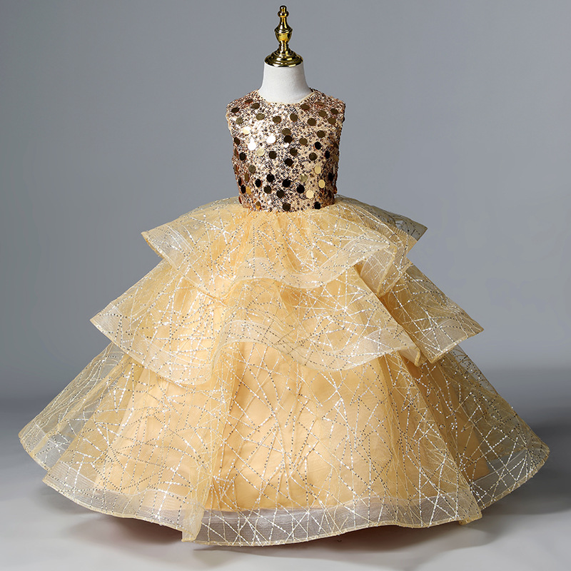 2022 Pageant Dresses for Girls Sleeveless Flower Girl Dresses Sequined Gold Blingbling Champagne Kids Ball Gowns Wedding Dress Christmas Gowns-image-762194115